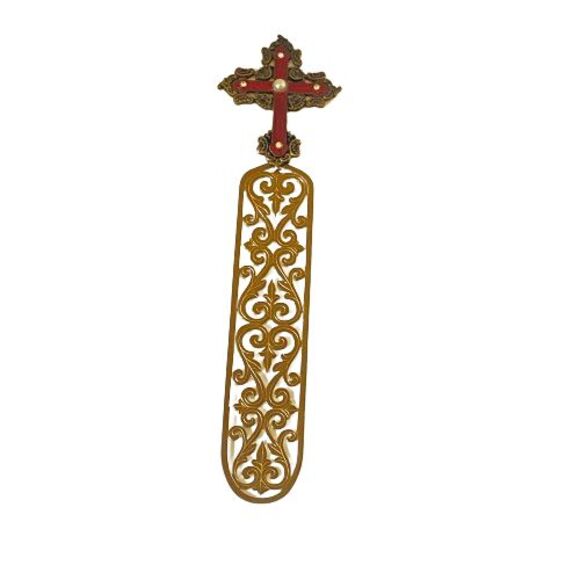 Vintage Bookmark Gold Toned Cross Faux Pearl Faux Diamonds Metal Filigree Base - Picture 4 of 15